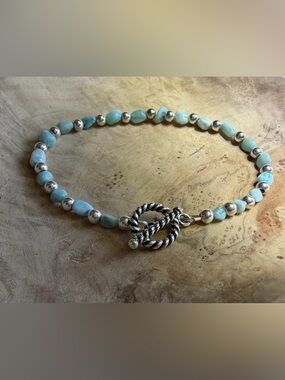 Handmade Larimar & Sterling Silver Bracelet-Twisted Toggle Clasp-Genuine Stone 7